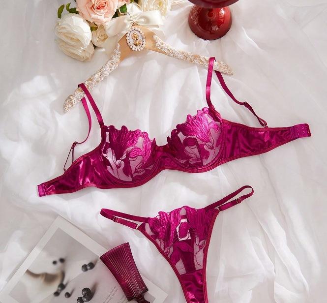 Floral Embroidery Mesh 2 Piece lingerie Set with Metal Rhinestone Lettering