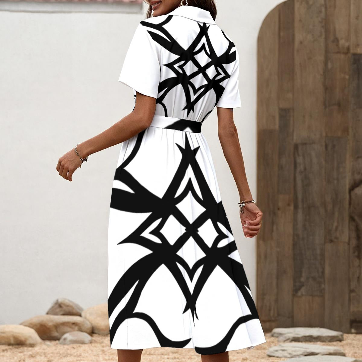 All-Over Print Women's Shirt Dress with Waist Tie