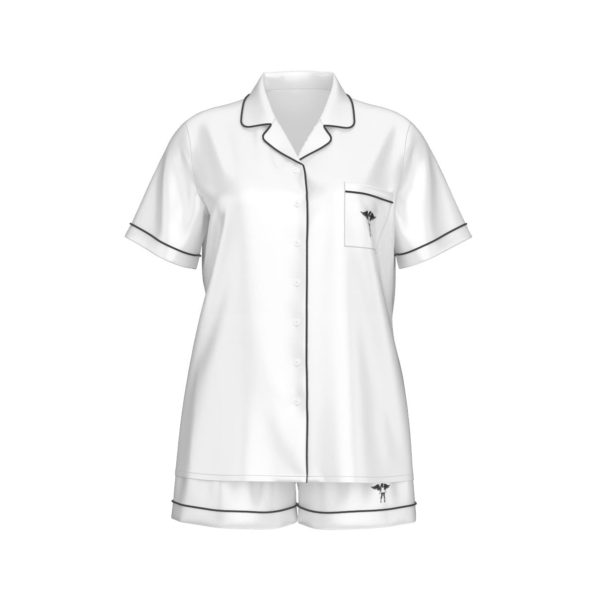 White pajama set with black piping on a white background