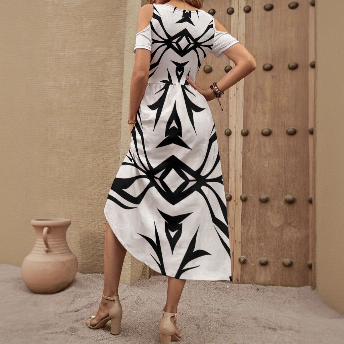 All-Over Print Women's V-neck Off-shoulder Dress