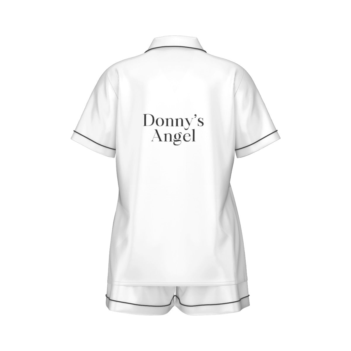 White silk pajama set with 'Donny's Angel' text on the back against a white background