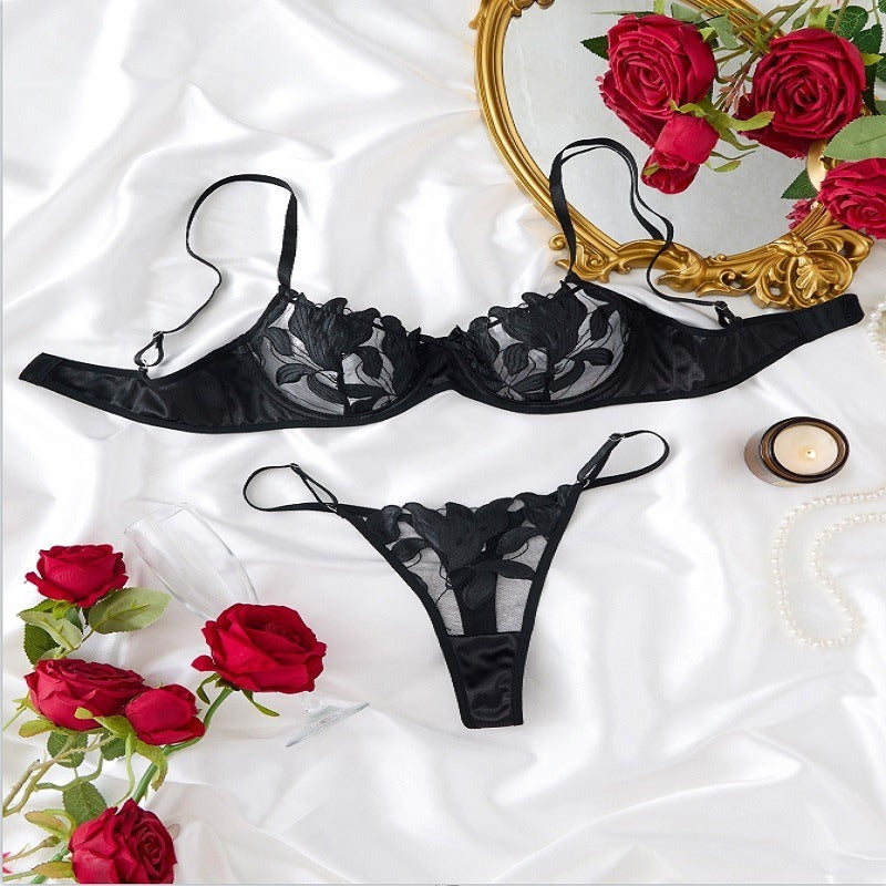 Floral Embroidery Mesh 2 Piece lingerie Set with Metal Rhinestone Lettering
