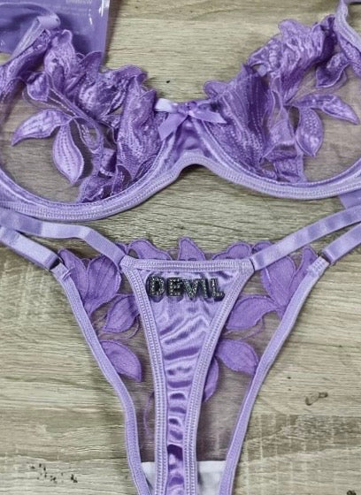Floral Embroidery Mesh 2 Piece lingerie Set with Metal Rhinestone Lettering