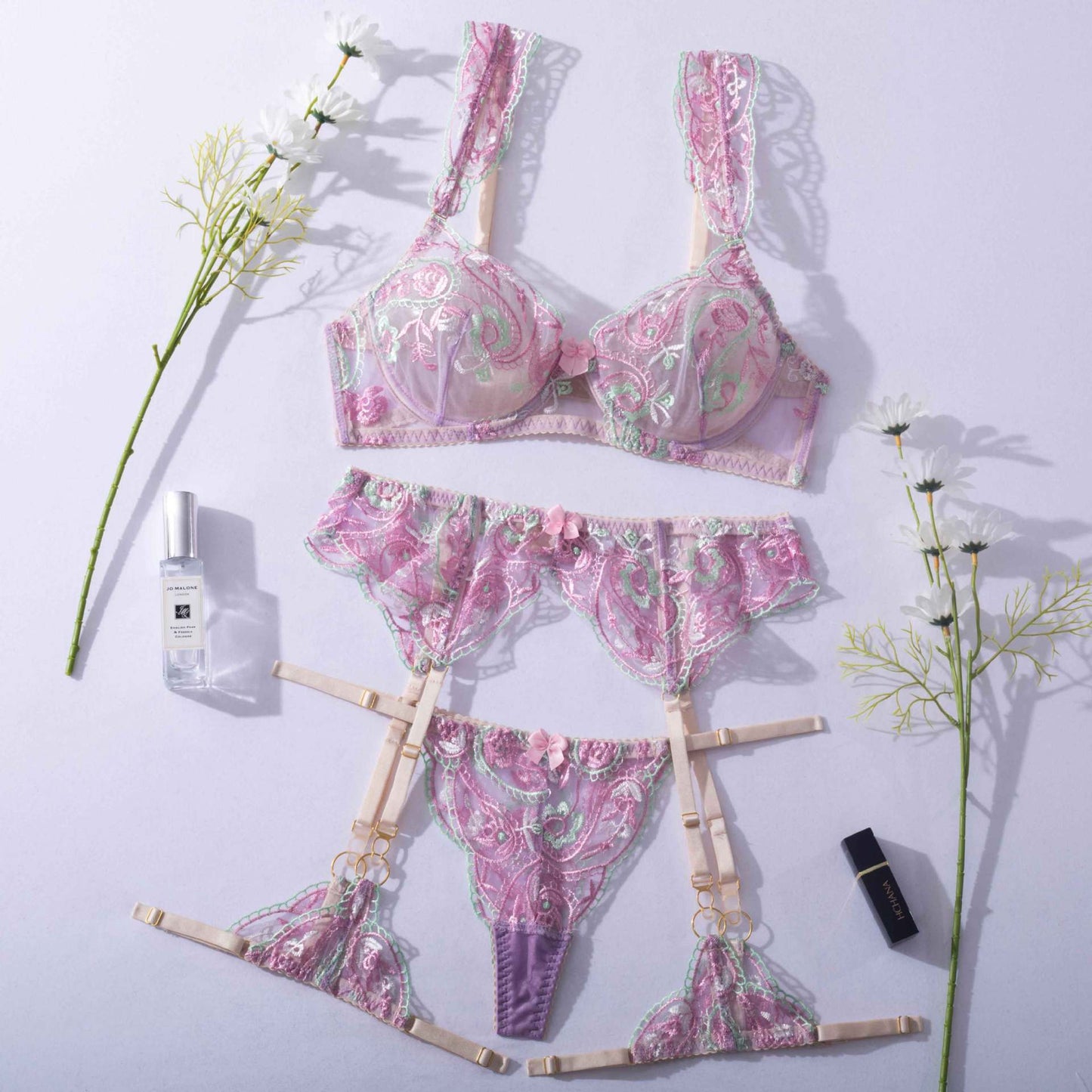 Embroidered Pleasure 4 Piece Lingerie Set - Donny's Angel