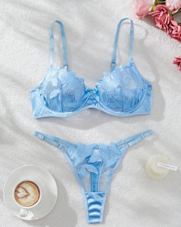 Floral Embroidery Mesh 2 Piece lingerie Set with Metal Rhinestone Lettering