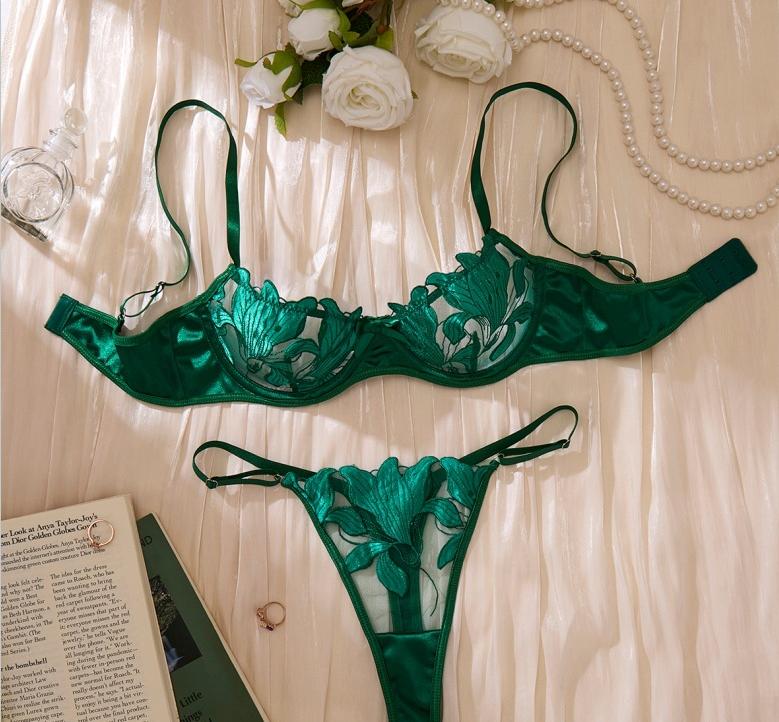 Floral Embroidery Mesh 2 Piece lingerie Set with Metal Rhinestone Lettering