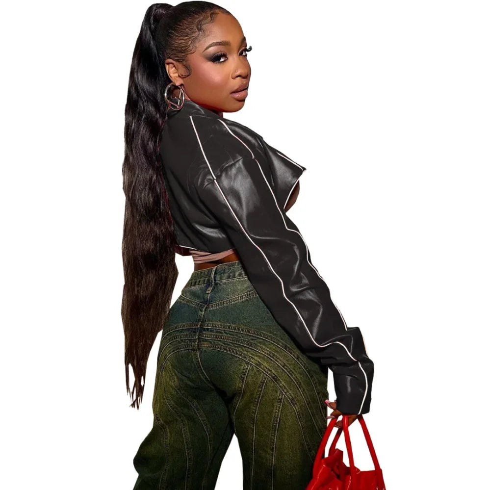 Crop Pu Long Sleeve Crop Leather Jacket Women