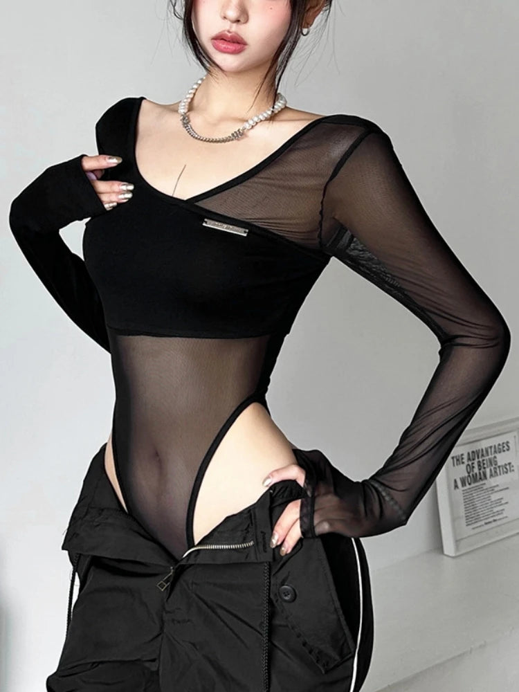 Asymmetrical Panel Mesh Scoop Neck Bodysuit - Donny's Angel