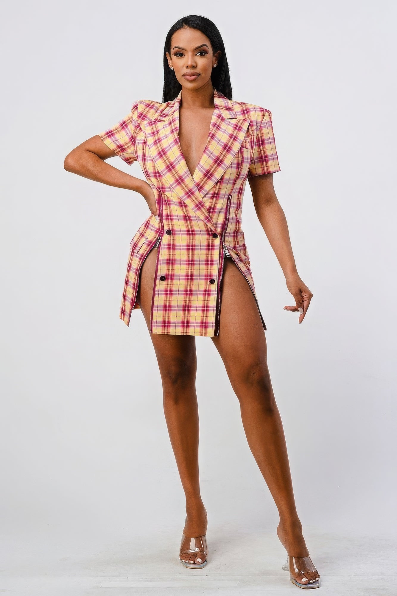 Wide Collared Double Breasted Plaid Blazer Mini Dress - Donny's Angel