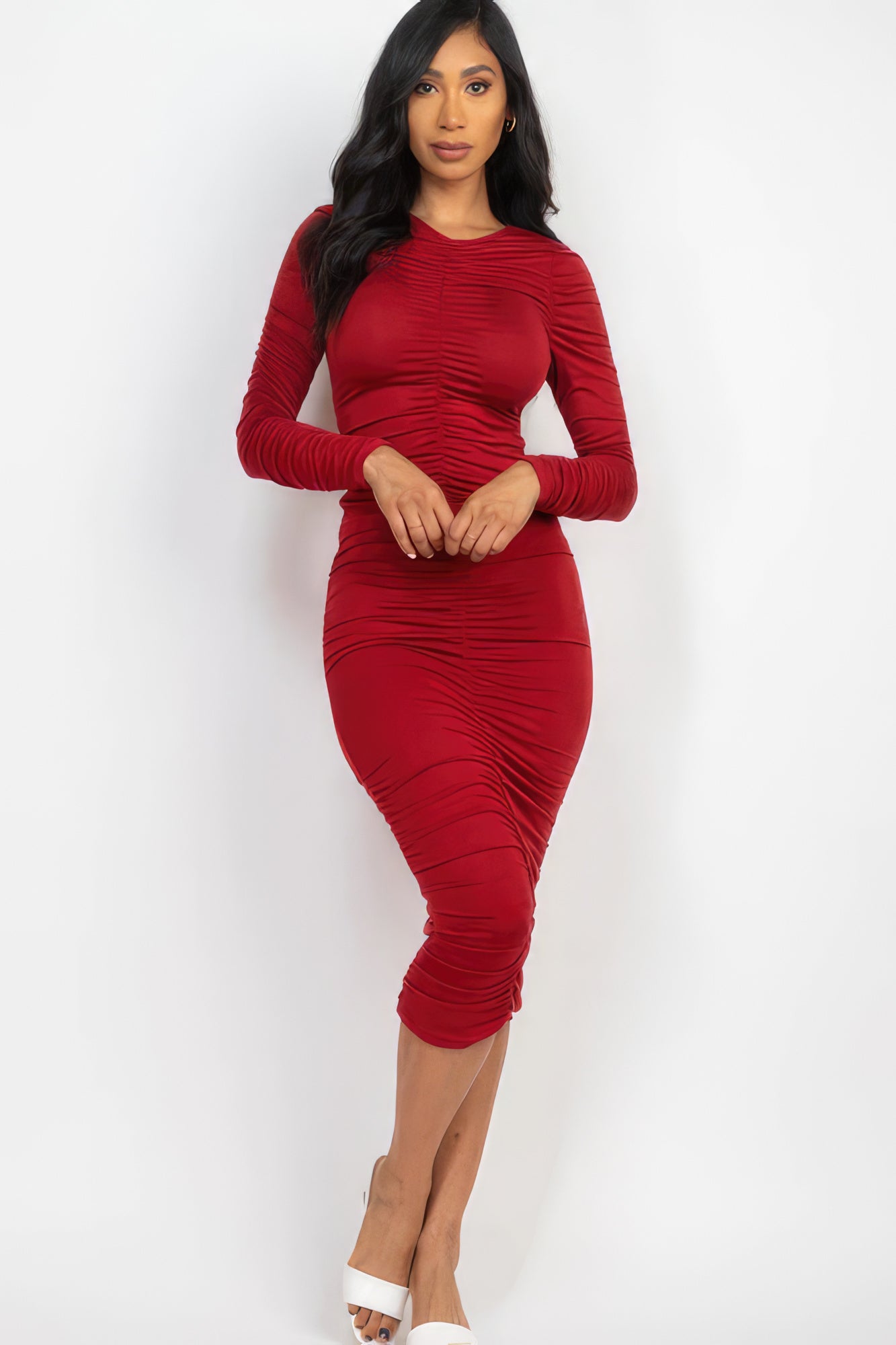 Ruched Long Sleeve Midi Dress - Donny's Angel