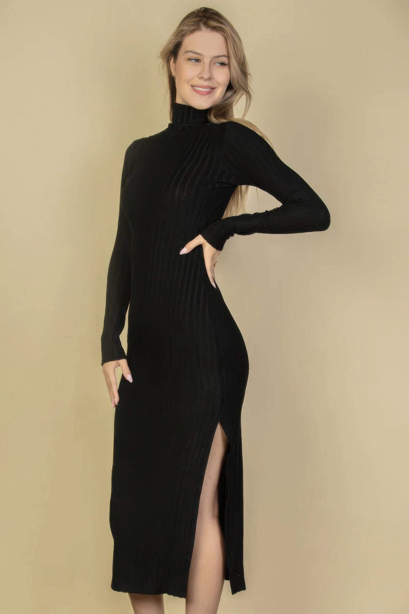 Sweater-knit Fuzzy Turtle Neck Split Thigh Dress - Donny's Angel