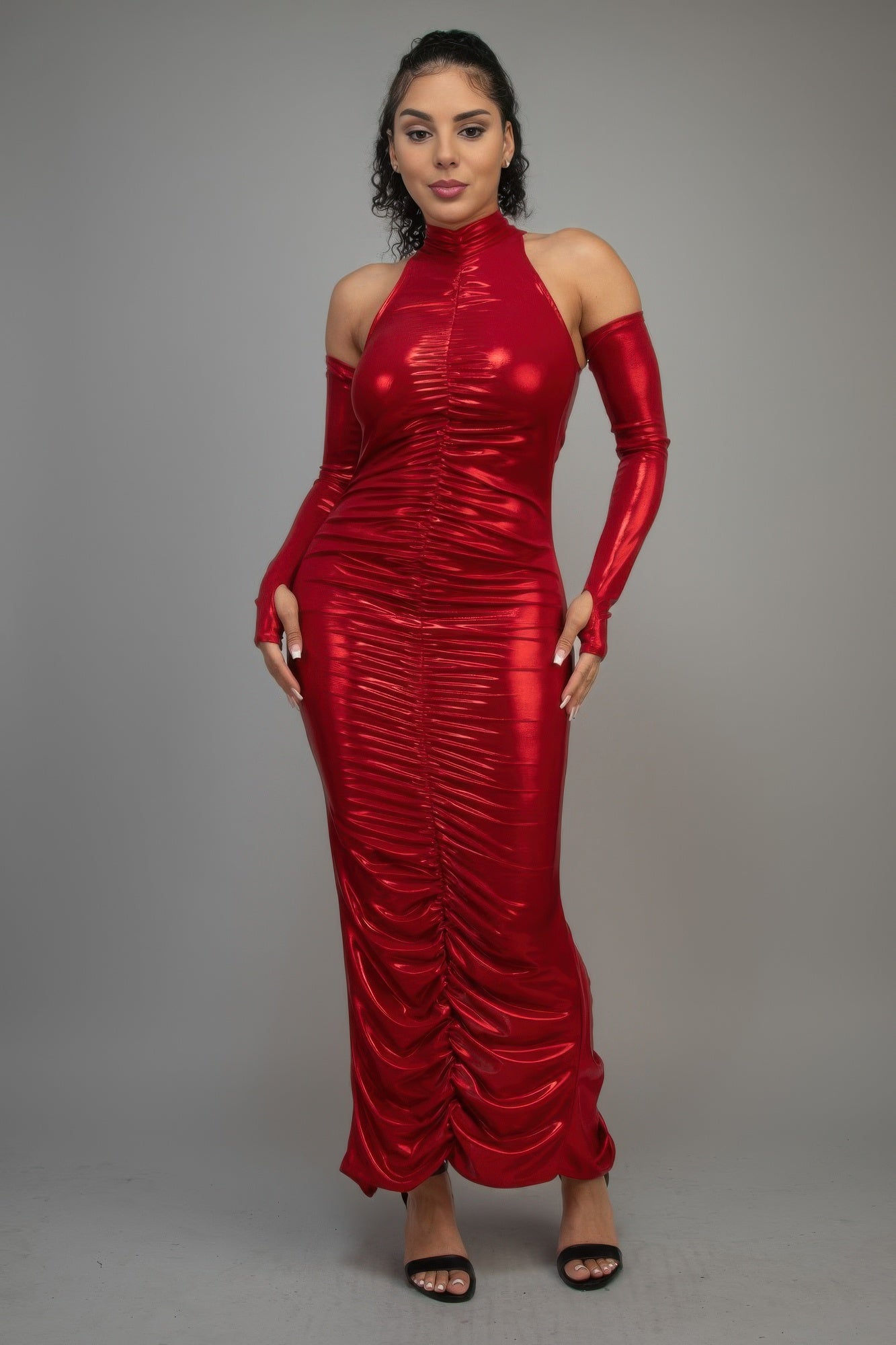 Metallic Ruched Dress With Sleeves - Donny's Angel