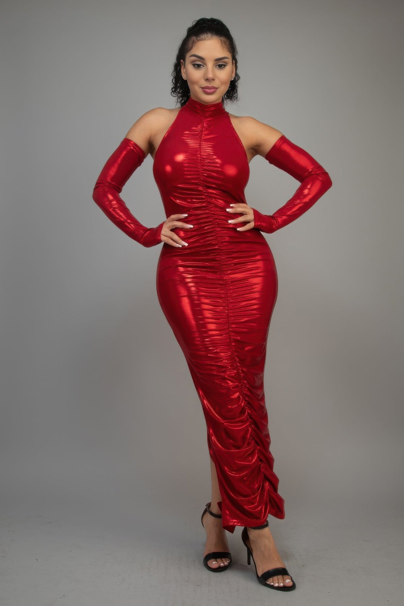 Metallic Ruched Dress With Sleeves - Donny's Angel