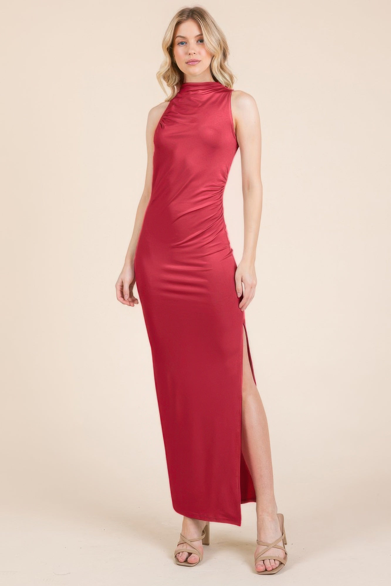 Back Cut Out Side Shirring Side Slit Maxi Dress - Donny's Angel