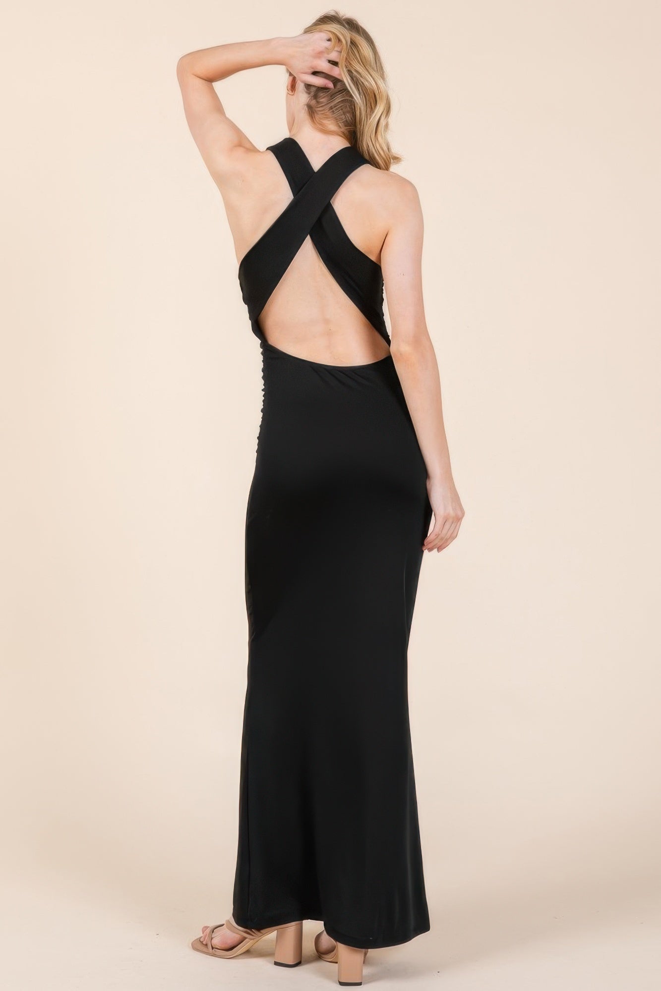 Cowl Neck Cross Back Shirring Maxi Dress - Donny's Angel