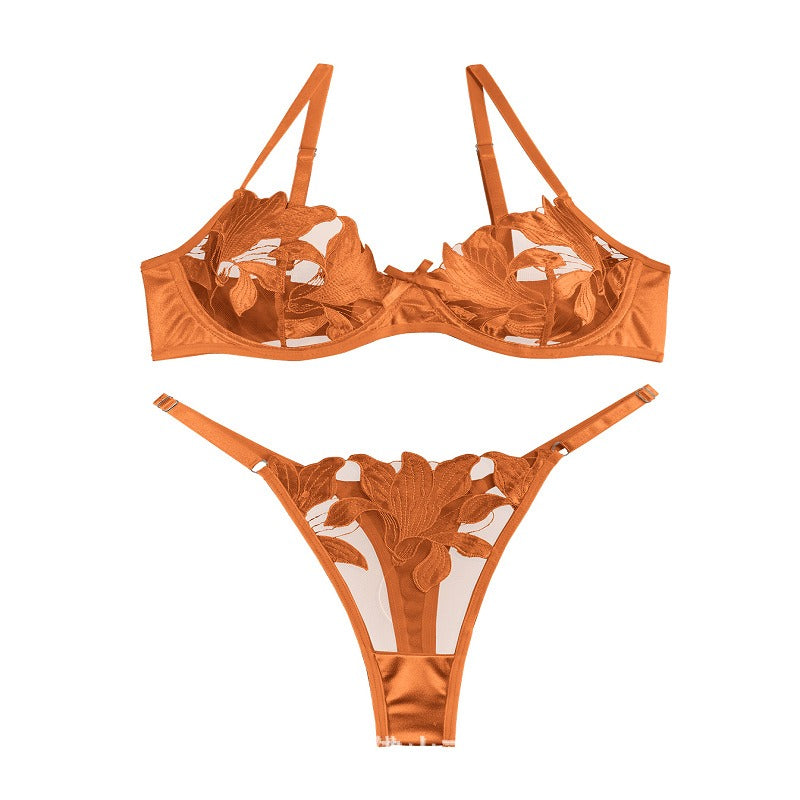 Floral Embroidery Mesh 2 Piece lingerie Set with Metal Rhinestone Lettering