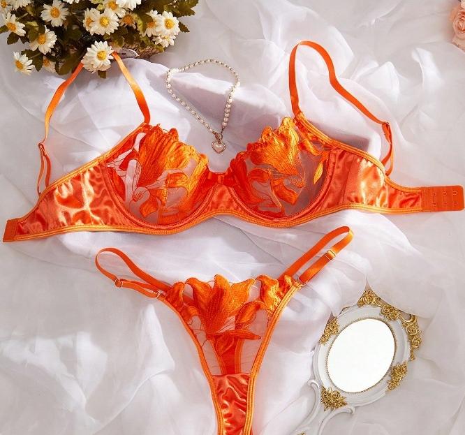 Floral Embroidery Mesh 2 Piece lingerie Set with Metal Rhinestone Lettering