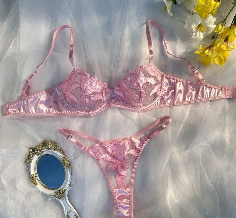Floral Embroidery Mesh 2 Piece lingerie Set with Metal Rhinestone Lettering