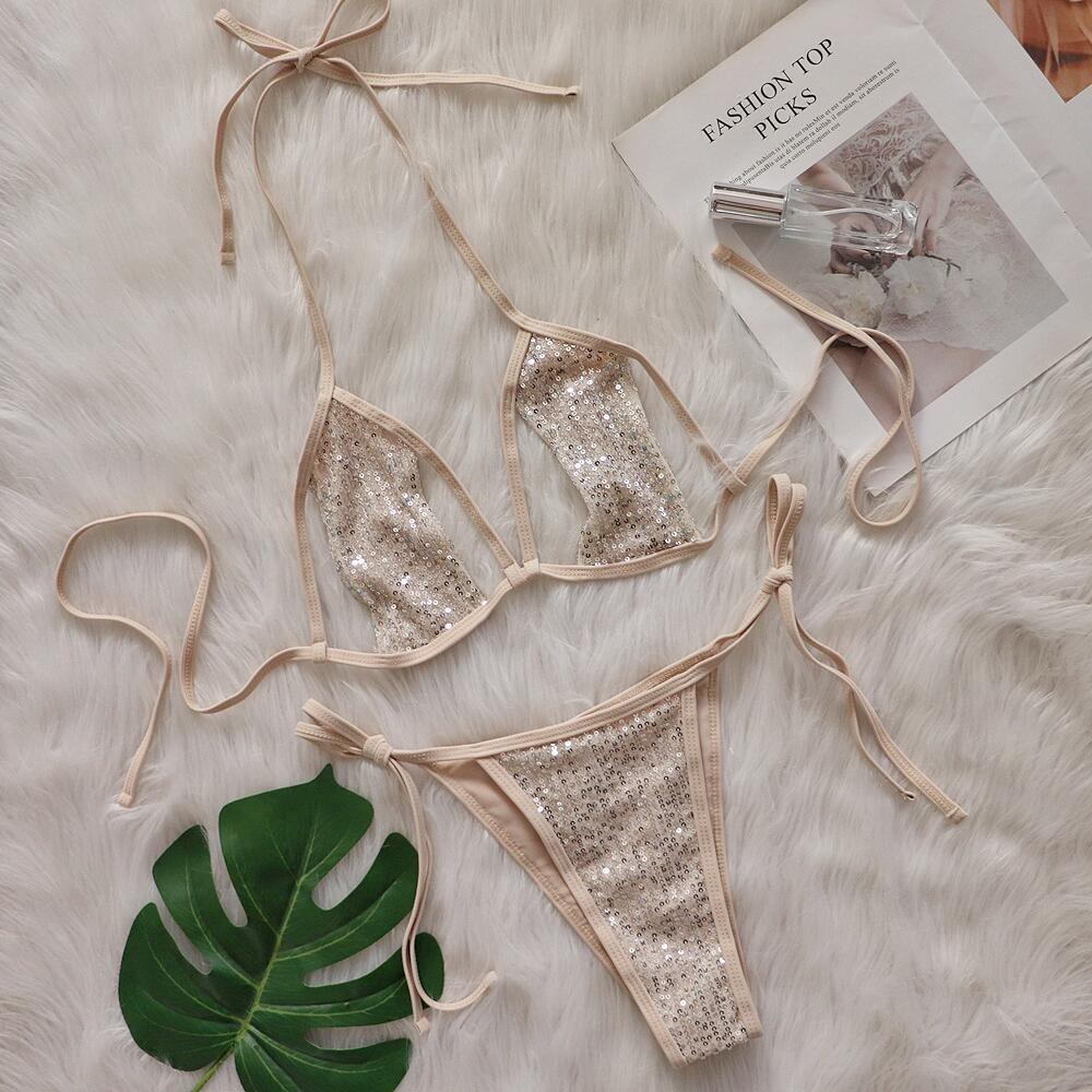 Sequin Mesh Strip Bikini