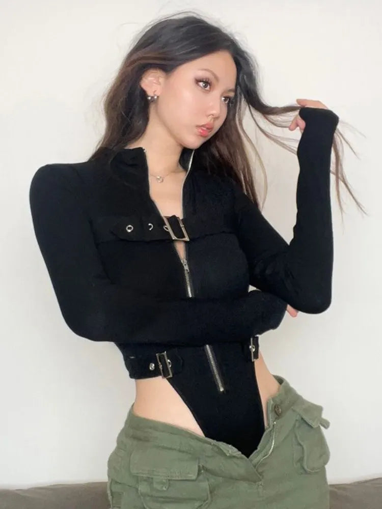 Edgy Style Zip Long Sleeve Bodysuits with Buckles - Donny's Angel