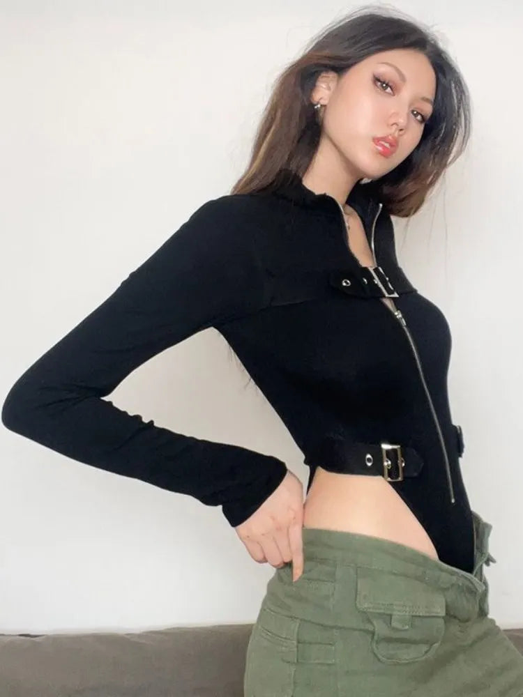 Edgy Style Zip Long Sleeve Bodysuits with Buckles - Donny's Angel