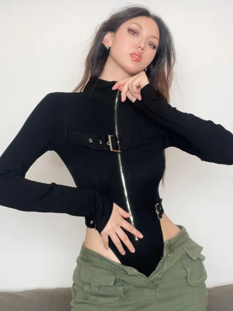 Edgy Style Zip Long Sleeve Bodysuits with Buckles - Donny's Angel