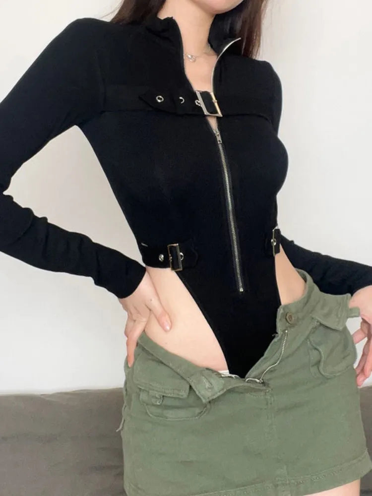 Edgy Style Zip Long Sleeve Bodysuits with Buckles - Donny's Angel