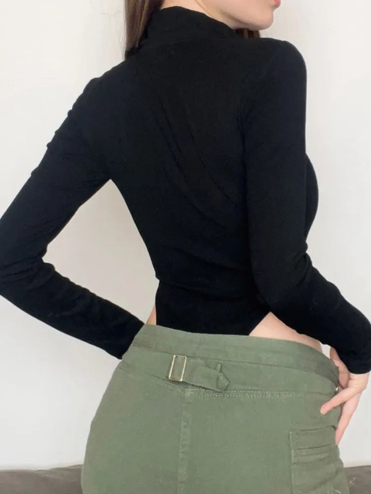 Edgy Style Zip Long Sleeve Bodysuits with Buckles - Donny's Angel
