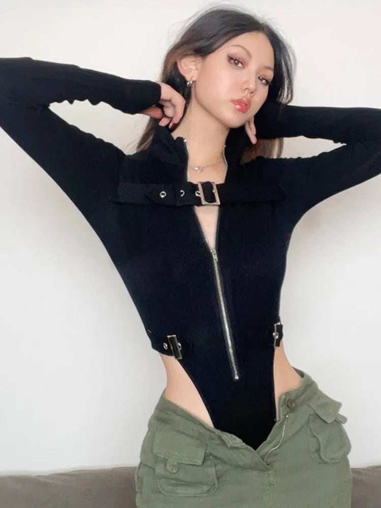Edgy Style Zip Long Sleeve Bodysuits with Buckles - Donny's Angel