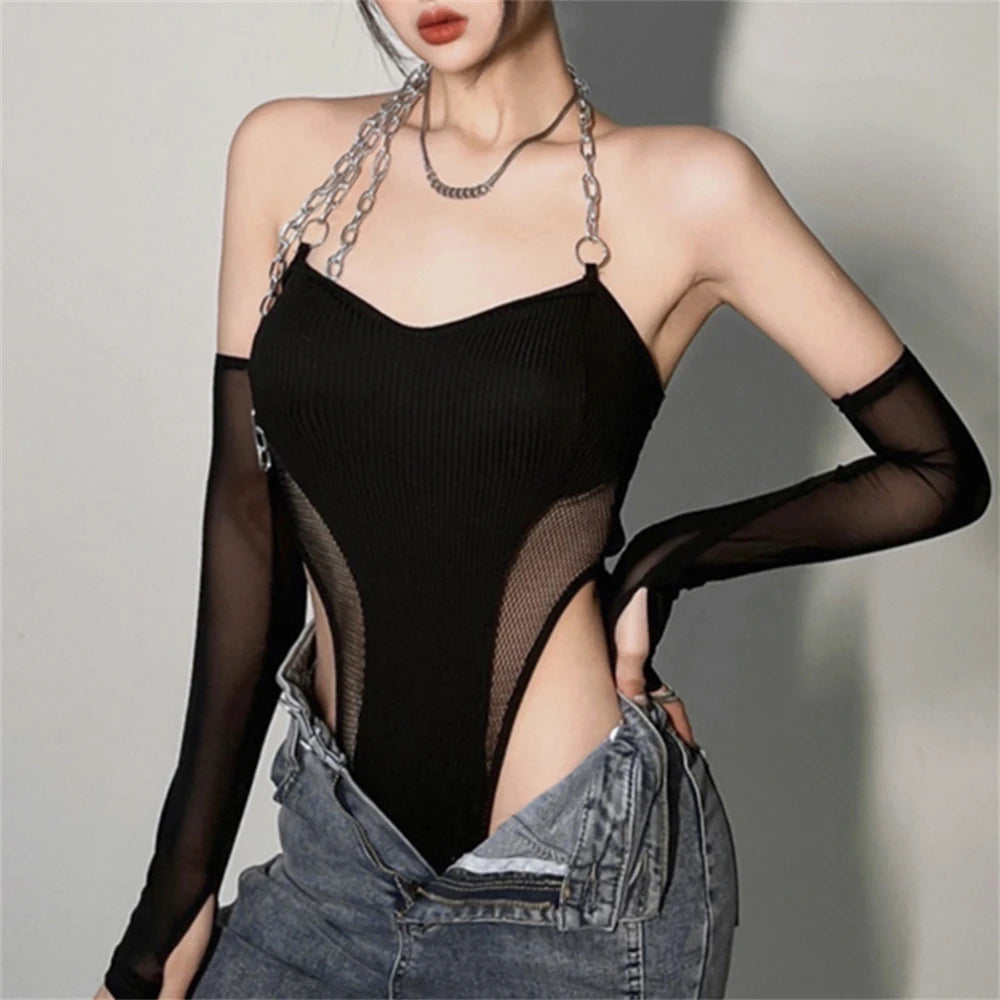Chain Combo Mesh Sleeve Bodysuit - Donny's Angel