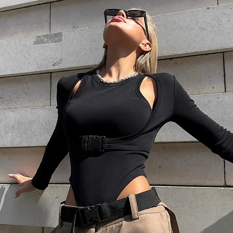 Long Sleeve Rib Buckle Bodysuit - Donny's Angel