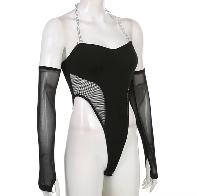 Chain Combo Mesh Sleeve Bodysuit - Donny's Angel