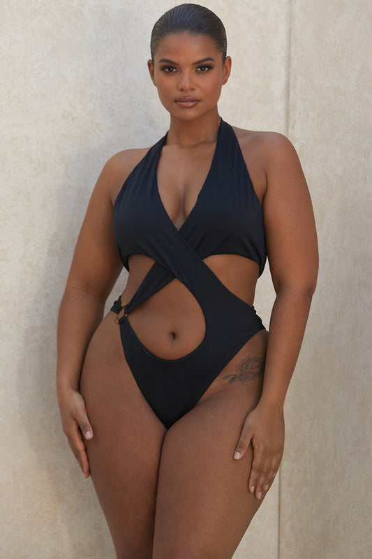 Elegant Solid Color Cross-Cut One-Piece Swimsuit