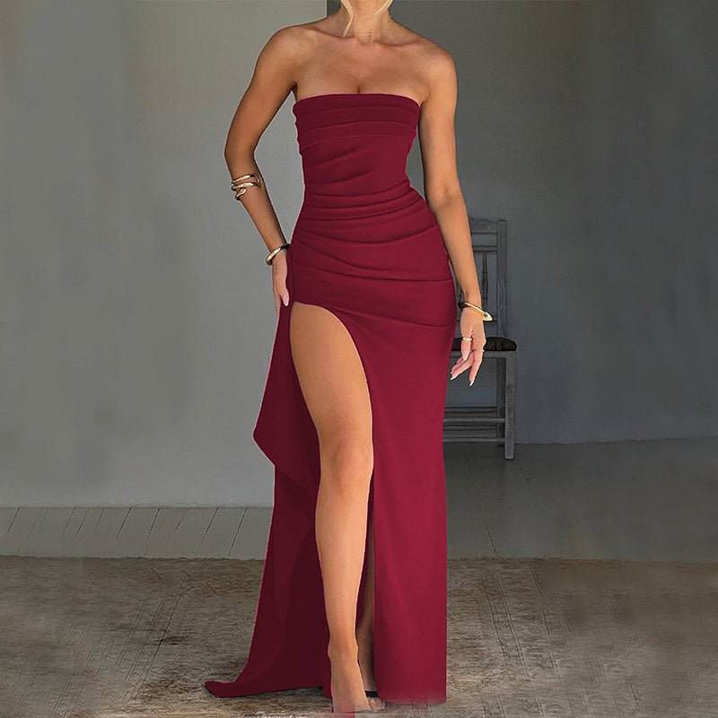 Unveiled Strapless High Slit Pleated Asymmetrical Dress