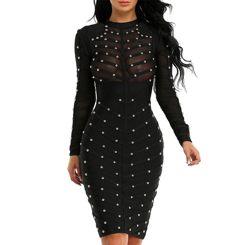 Bead Embellished Mesh Long Sleeve Slim Dress - Donny's Angel