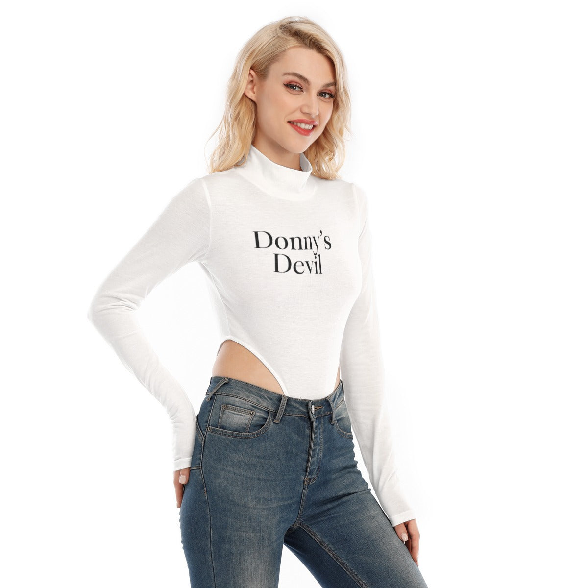 Donny's Devil Long Sleeve High Cut/Neck Bodysuit (White)