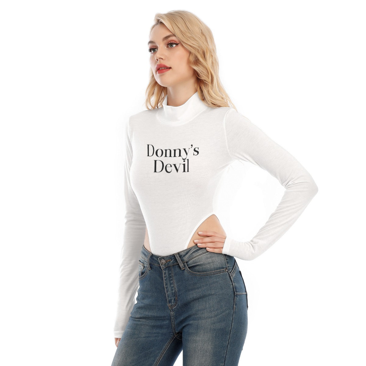 Donny's Devil Long Sleeve High Cut/Neck Bodysuit (White)