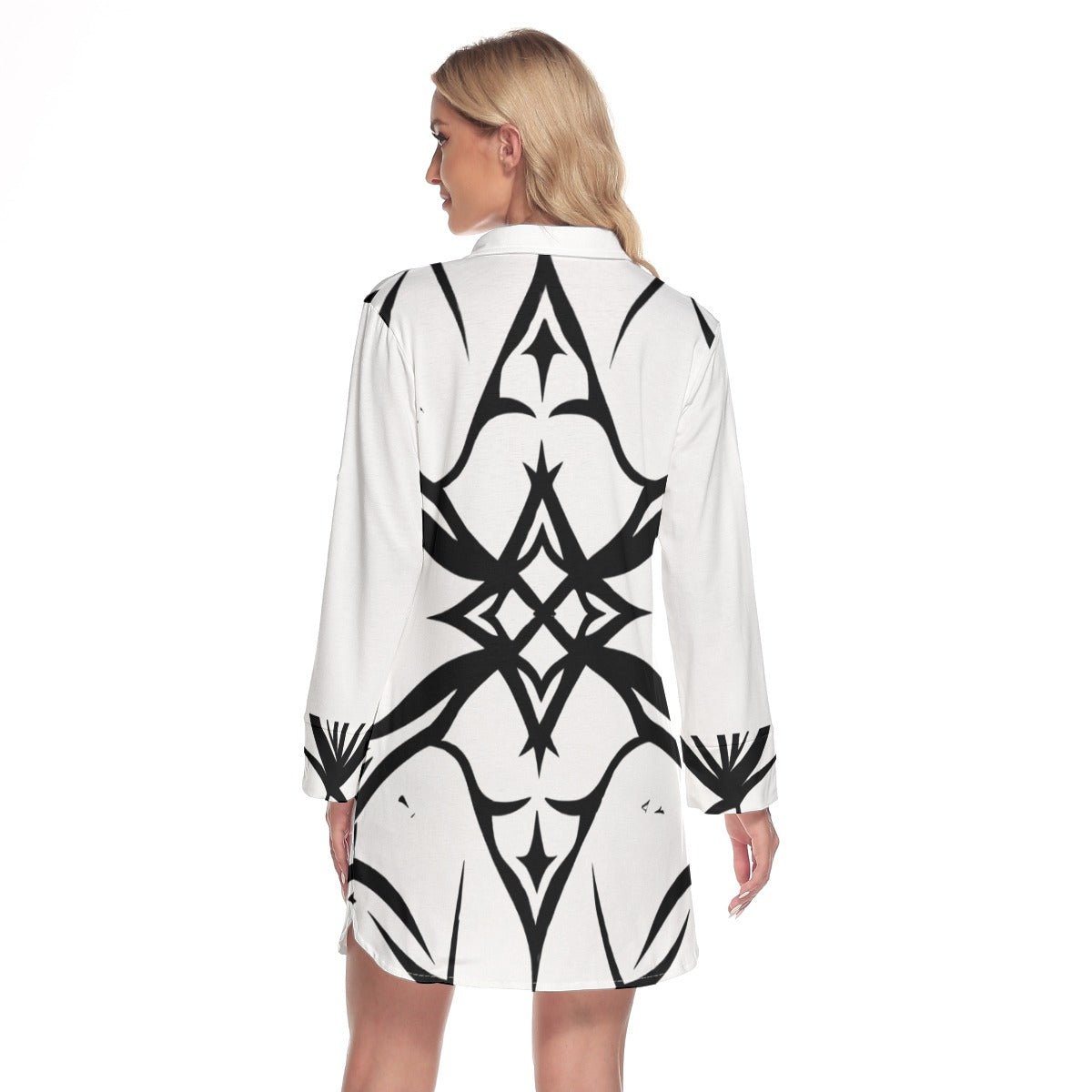 All-Over Print Women's Lapel Shirt Dress With Long Sleeve