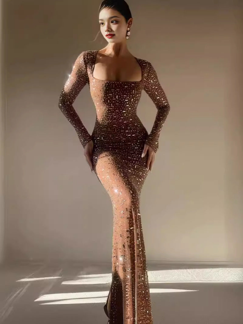 Luxe Sheer Long Sleeve Evening Gown