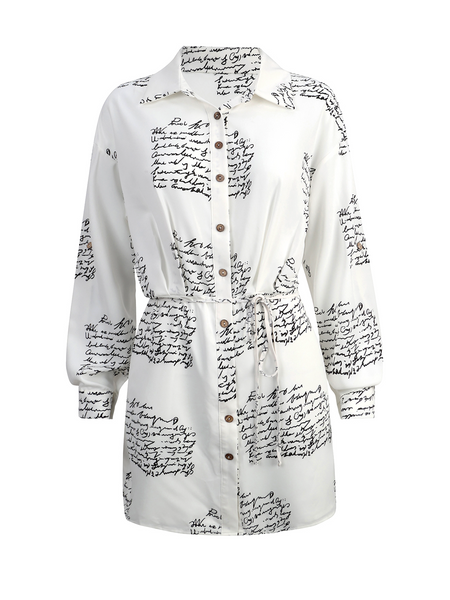 Letter Print Long Sleeve Waist Lace Up Dress - Donny's Angel