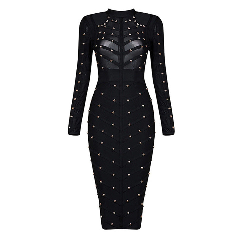 Bead Embellished Mesh Long Sleeve Slim Dress - Donny's Angel