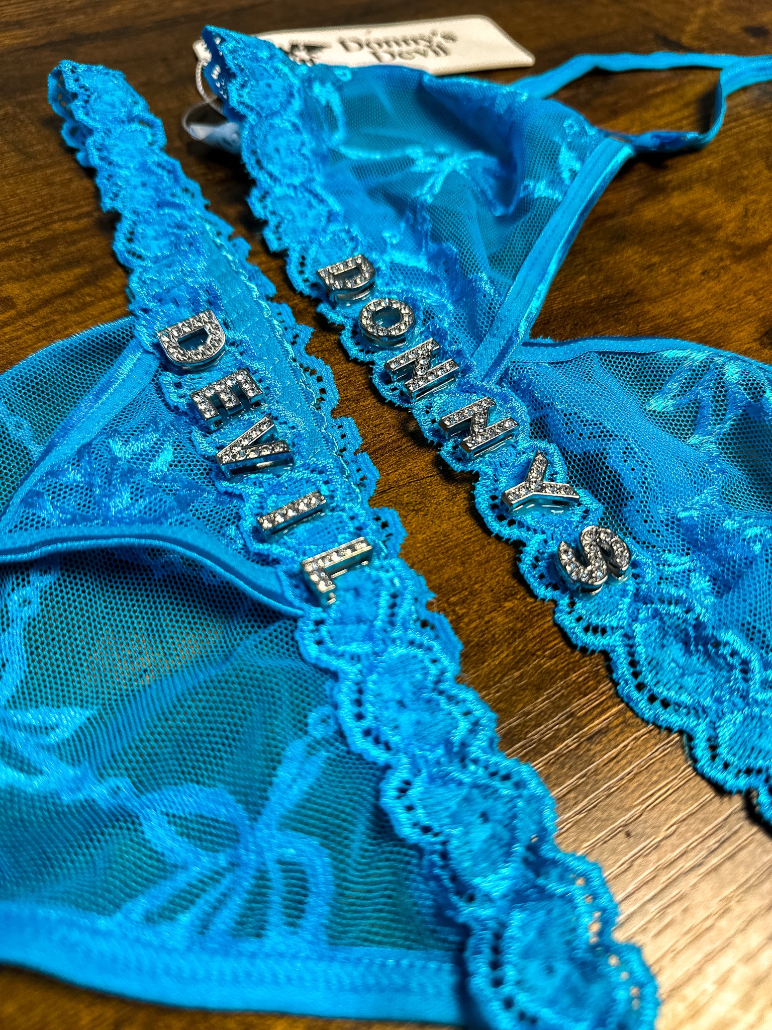 Donny's Devil Lace Lingerie 2 Piece Set with Metal Rhinestone Lettering - Donny's Angel