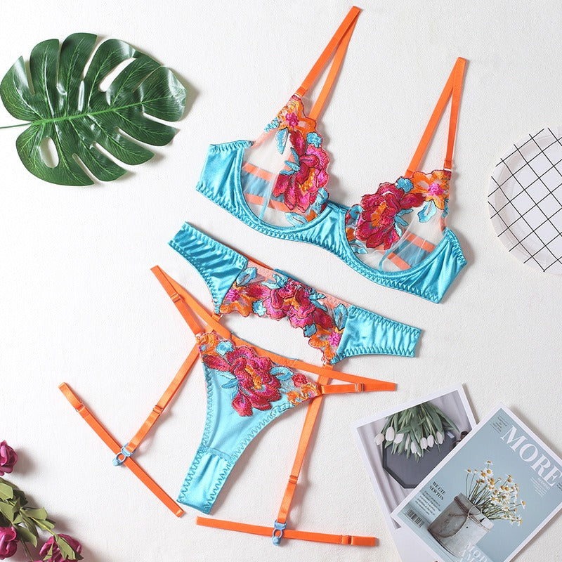 Floral Embellished Luxe Mesh Lingerie 4 Piece Set - Donny's Angel