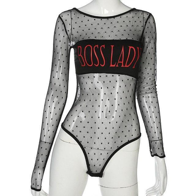 Boss Lady dot mesh stitching bodysuit