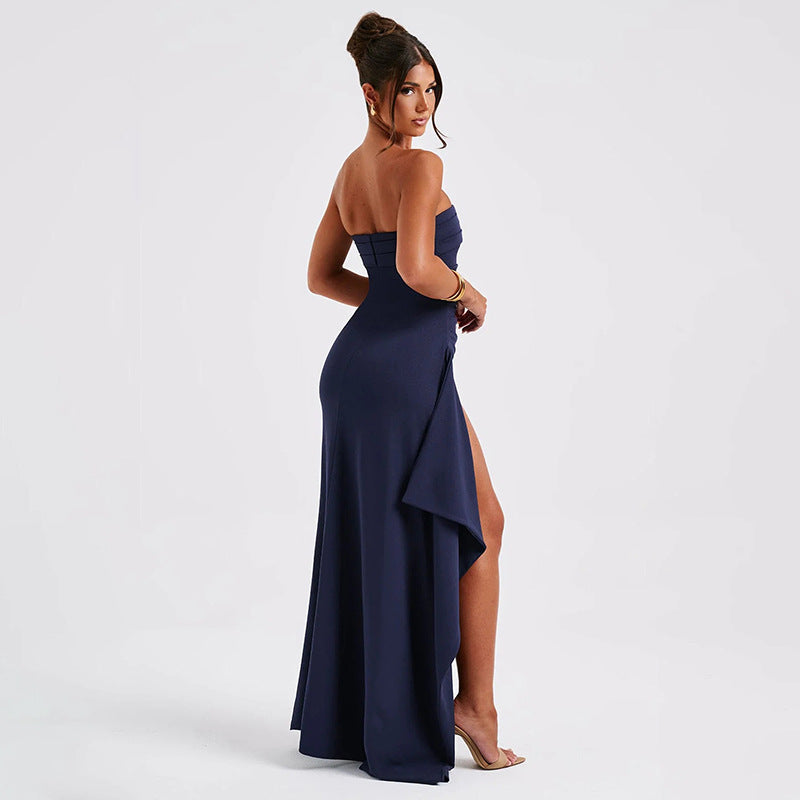 Unveiled Strapless High Slit Pleated Asymmetrical Dress