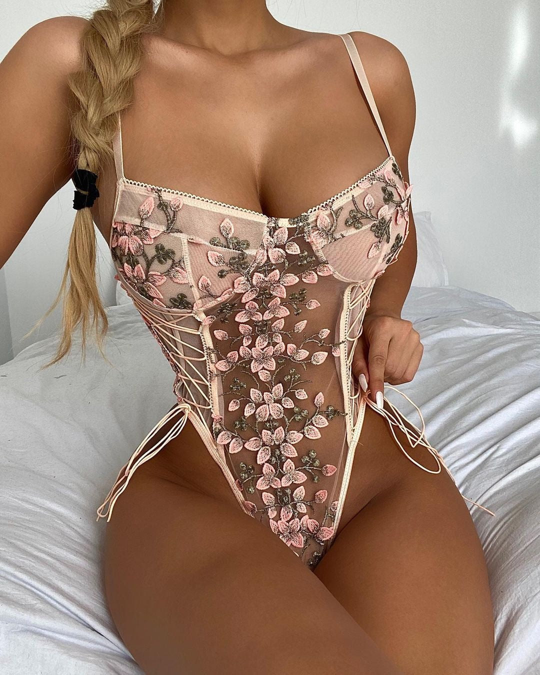 Erotic Lingerie Lace Flower Embroidery Lace-Up Sexy Perspective Temptation Jumpsuit For Women