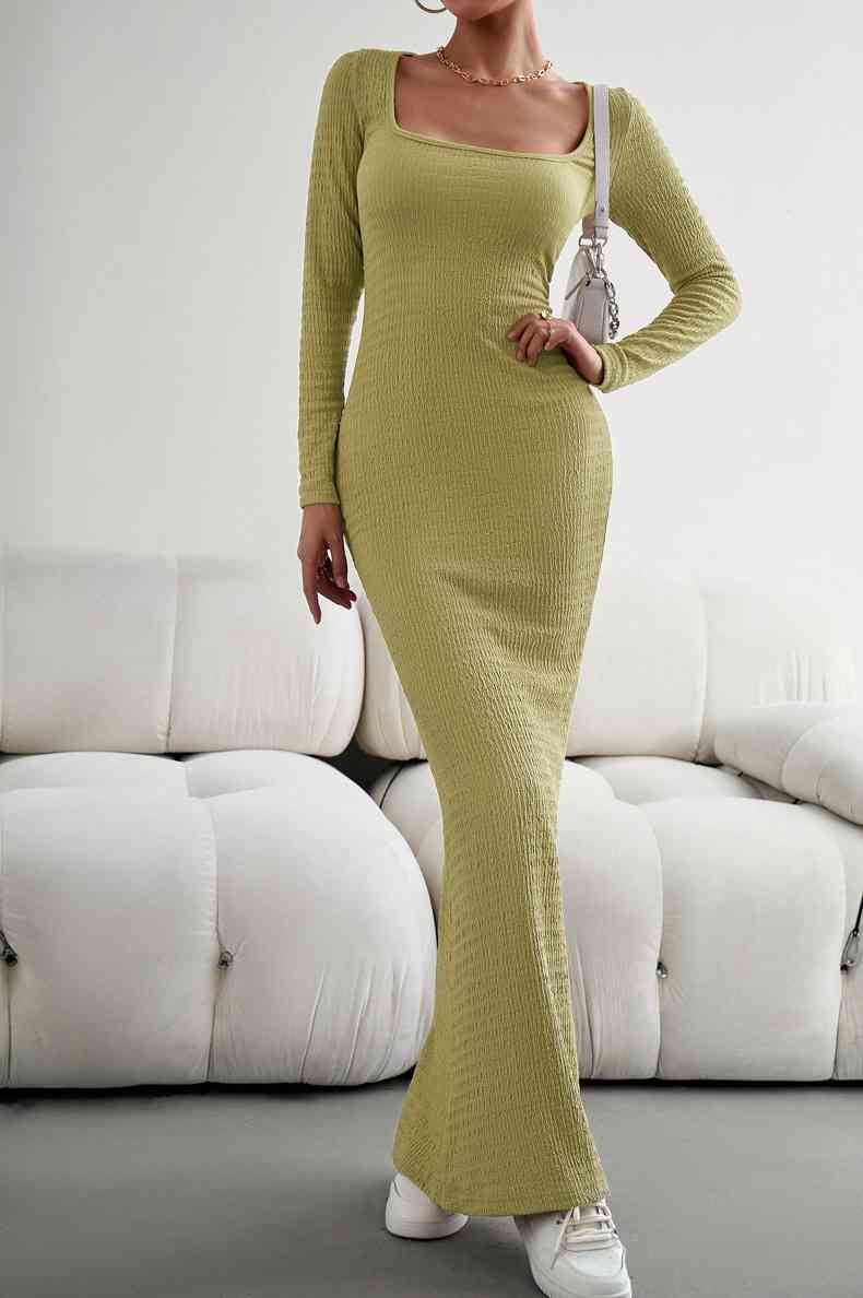 Long Sleeve Square Neck Maxi Bodycon Dress - Donny's Angel