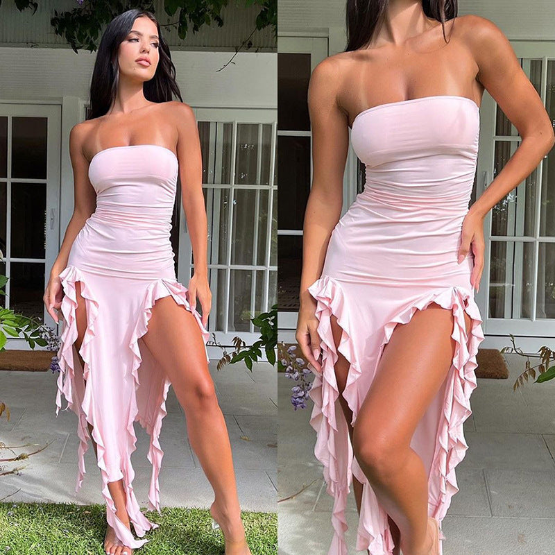 Ravishing Ruffle Off shoulder Double Slit Dress - Donny's Angel