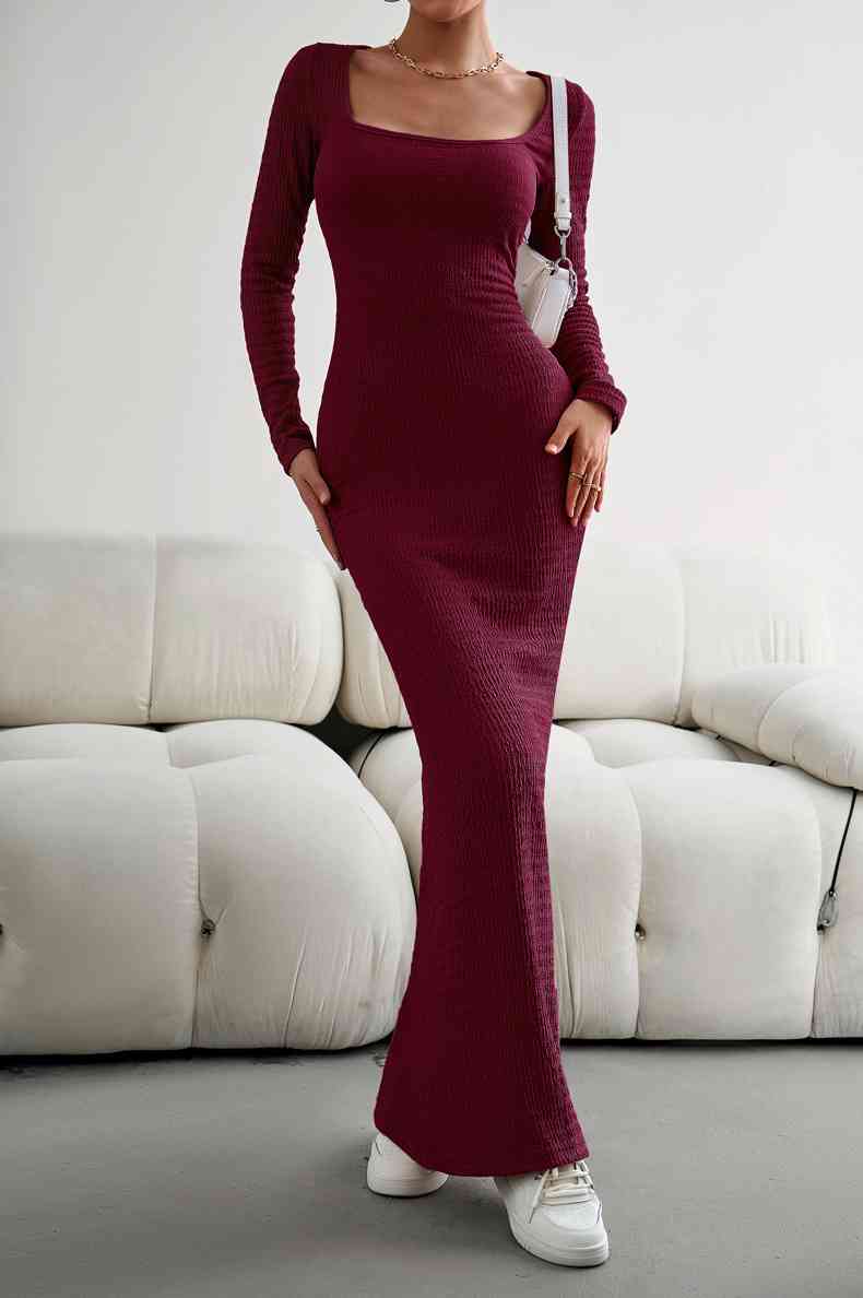 Long Sleeve Square Neck Maxi Bodycon Dress - Donny's Angel