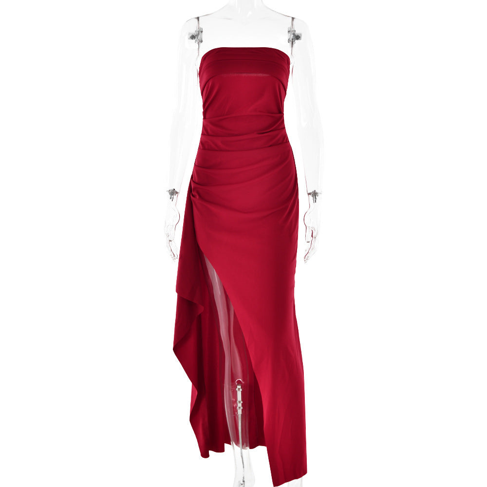 Unveiled Strapless High Slit Pleated Asymmetrical Dress